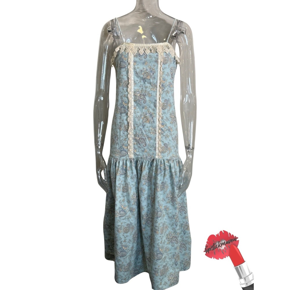 Vintage Gunne Sax Dress Womens Blue Floral Lace Trim Cottagecore Prairie Midi